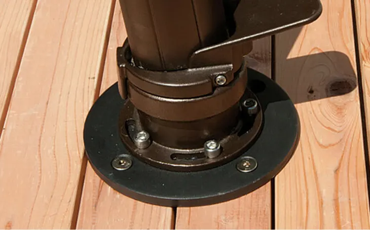 An umnbrella base attached to the deck.