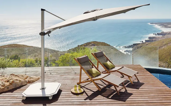 A wheeled umbrella base.