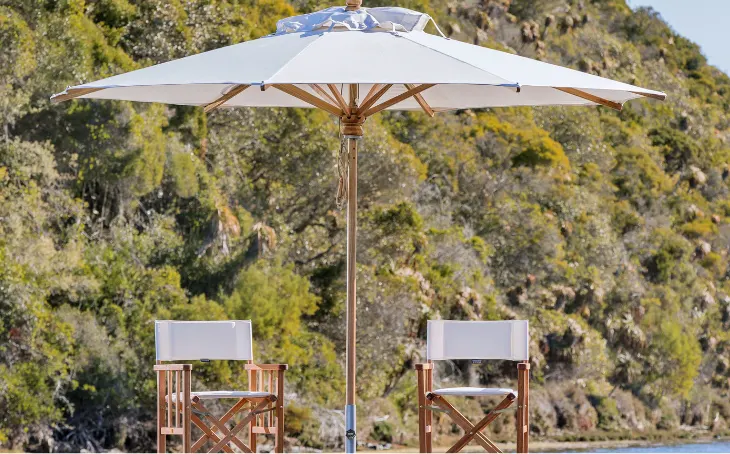 A wooden frame umbrella.