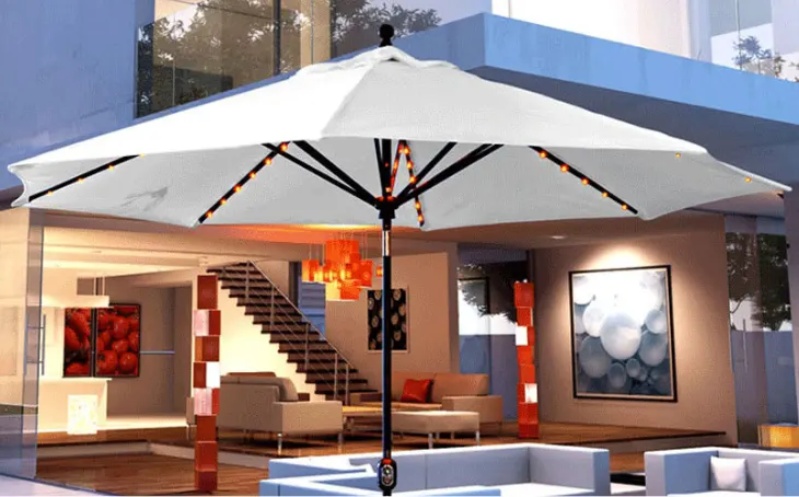 An umbrella with lights on the frame.