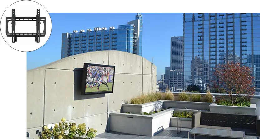 A TV mounted on the wall with a tilt wall mount. The wall mount is in an image on the top left of the larger image.
