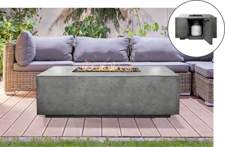 A liquid propane fire table in front of a sofa. A smaller image on the top right corner shows the fire table opened with the propane tank inside.