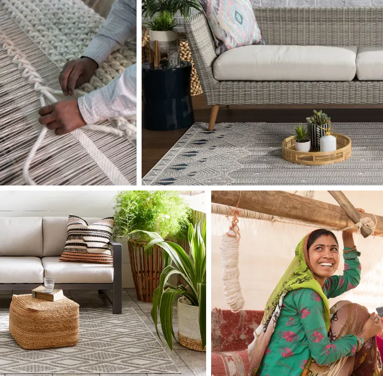 Collage of various picutures, on the top left there is a man sewing a rug, top right, a rug under a sofa, bottom left, a brown and white rug under a loveseat and ottoman, bottom right there is a woman smiling.