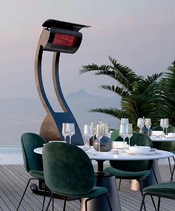 A stand alone heater by various dining tables.