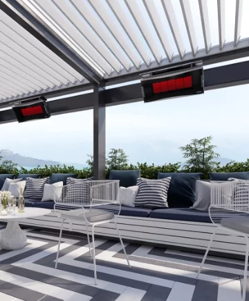 Two ceiling mounted heaters on top of a dining set.