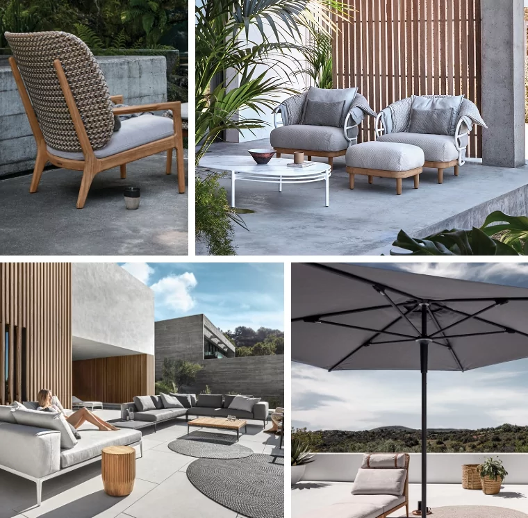 Various images of Gloster outdoor furniture.