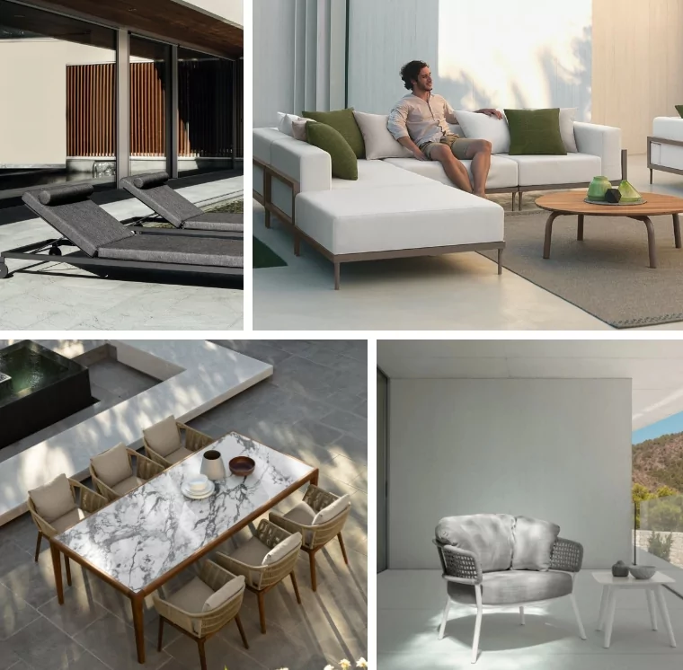 Various images of outdoor furniture, sectionals, chairs, chaise loungers, and dining tables.