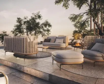 A sitting area by a pool.