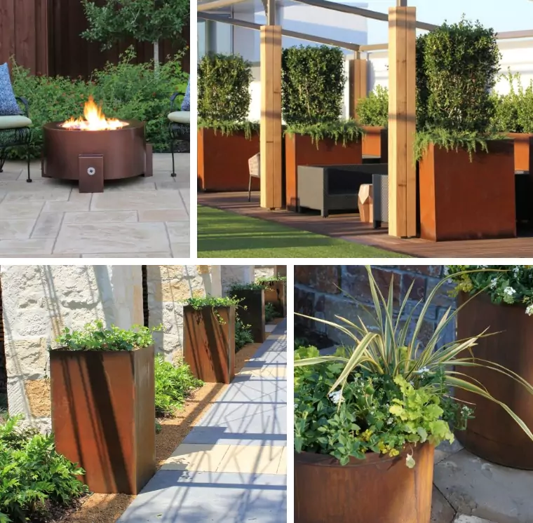 Various images of fire pits and planters.