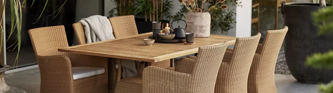 A table with six chairs.