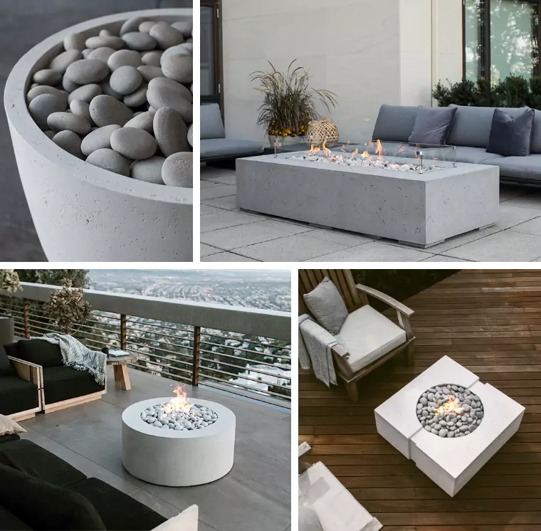 Various images showcasing various fire pits and fire tables.