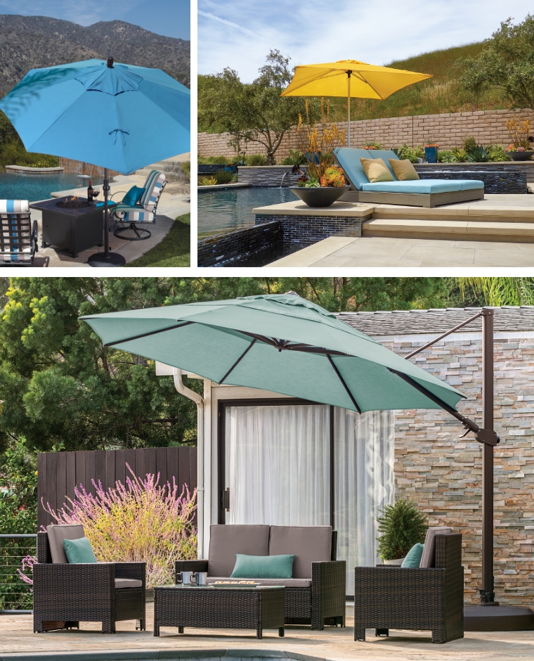 Various images of umbrellas by pools.