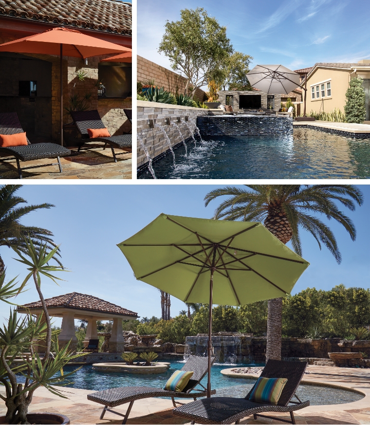 Various images of umbrellas by pools.