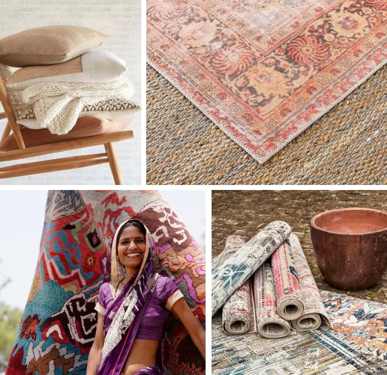 Various images, on the top left, a rocking chair with various pillows, top right, a brown and white rug, bottom left, a woman smiling standing in front of a hanging rug, bottom right, various rolls of pieces of rugs.