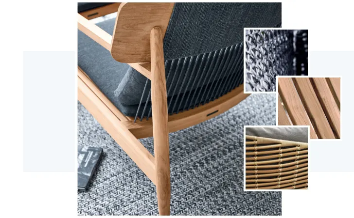 A picture of a chair with smaller pictures highlighting the fabric and material of the chair.