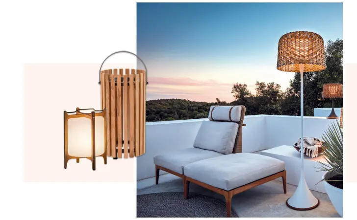 A rooftop sitting area with two lanterns.