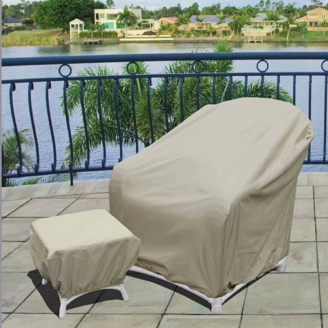 A chair and table on a deck covered