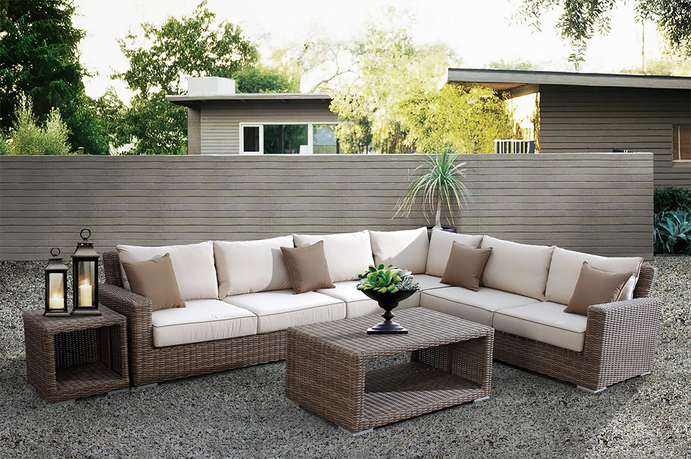 Wicker Sectiona, End Table and Coffee Table in a patio.