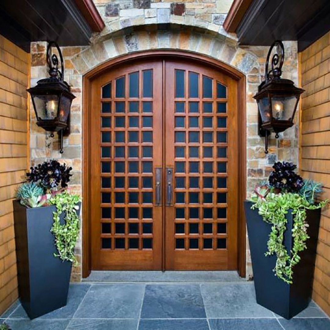 Front door with two long rectangular planters
